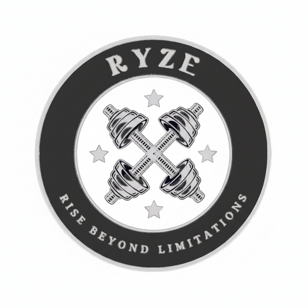 RYZE logo with crossed barbells and 'Rise Beyond Limitations' text on a black background